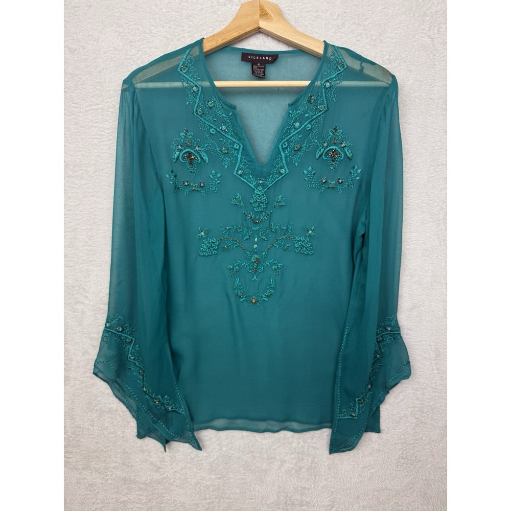 Vintage Silkland Teal Sheer Beaded 100% Silk Blouse Bell Sleeve Whimsical Fairy